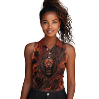 Maahes Women Sleeveless Polo Shirt Ancient Egyptian Fiery Red Flame - Roaring Lion Head - Wonder Print Shop