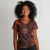 Maahes Women V-Neck T-Shirt Ancient Egyptian Fiery Red Flame - Roaring Lion Head - Wonder Print Shop