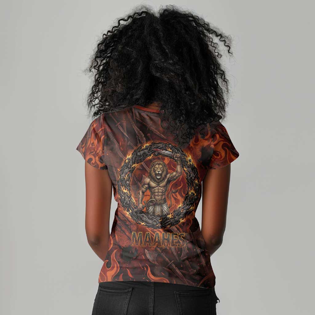 Maahes Women V-Neck T-Shirt Ancient Egyptian Fiery Red Flame - Roaring Lion Head - Wonder Print Shop