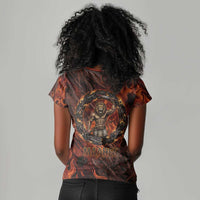 Maahes Women V-Neck T-Shirt Ancient Egyptian Fiery Red Flame - Roaring Lion Head - Wonder Print Shop