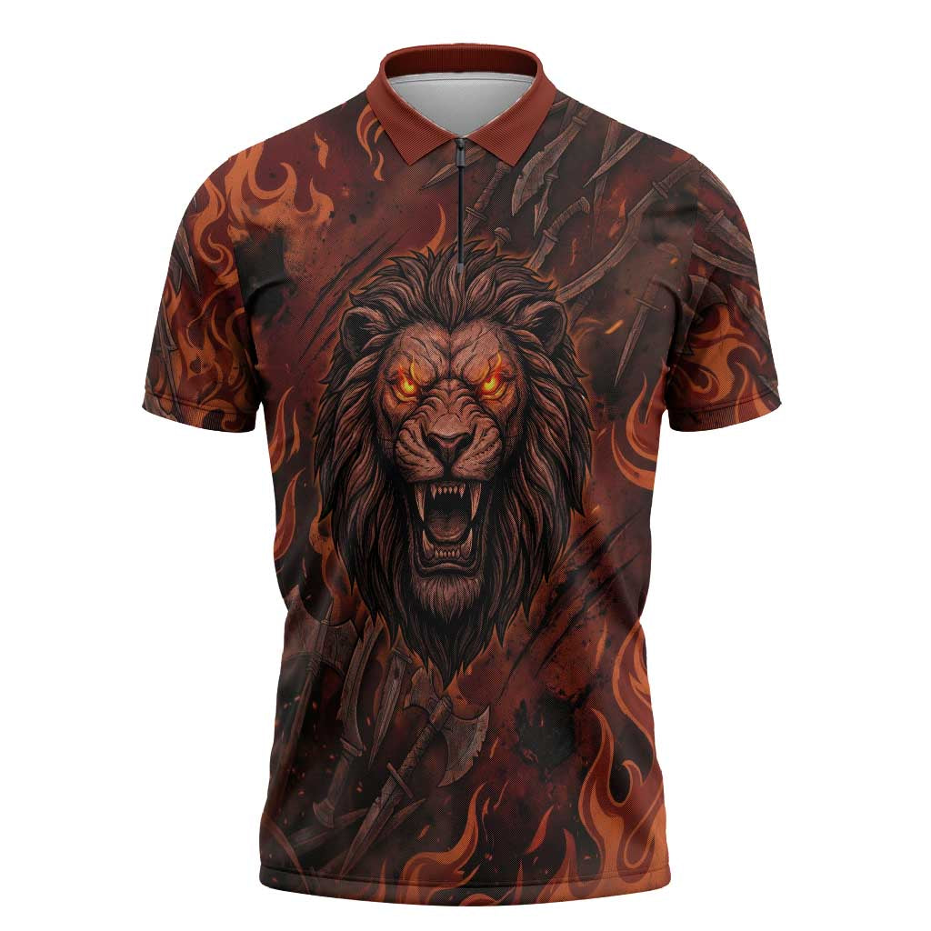 Maahes Zipper Polo Shirt Ancient Egyptian Fiery Red Flame - Roaring Lion Head - Wonder Print Shop