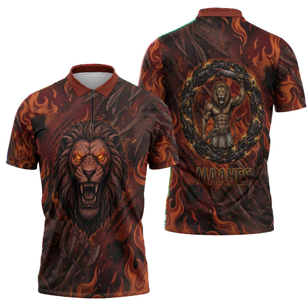 Maahes Zipper Polo Shirt Ancient Egyptian Fiery Red Flame - Roaring Lion Head - Wonder Print Shop