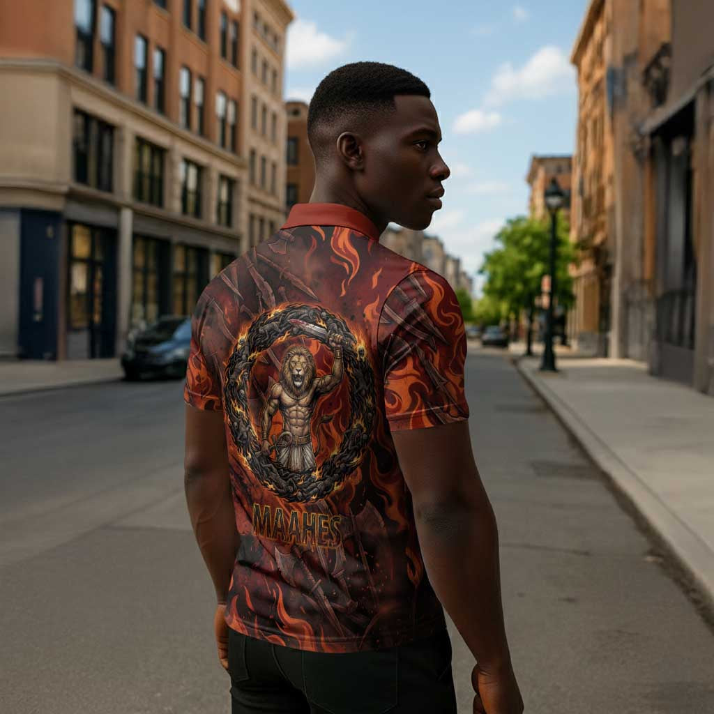 Maahes Zipper Polo Shirt Ancient Egyptian Fiery Red Flame - Roaring Lion Head - Wonder Print Shop