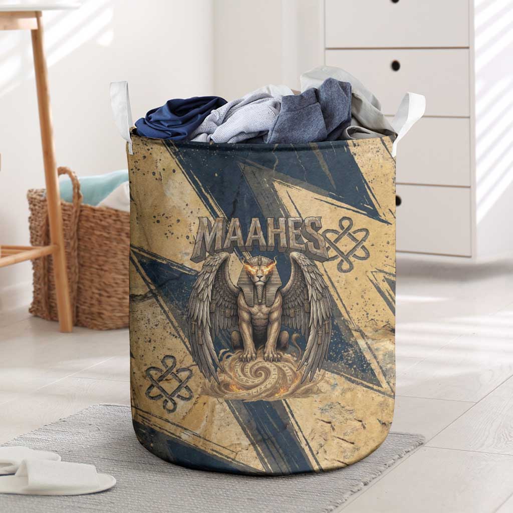 Maahes Ancient Egyptian Laundry Basket Geometric Pattern Winged Lion Deity, and Sacred Lotus Motif - Wonder Print Shop