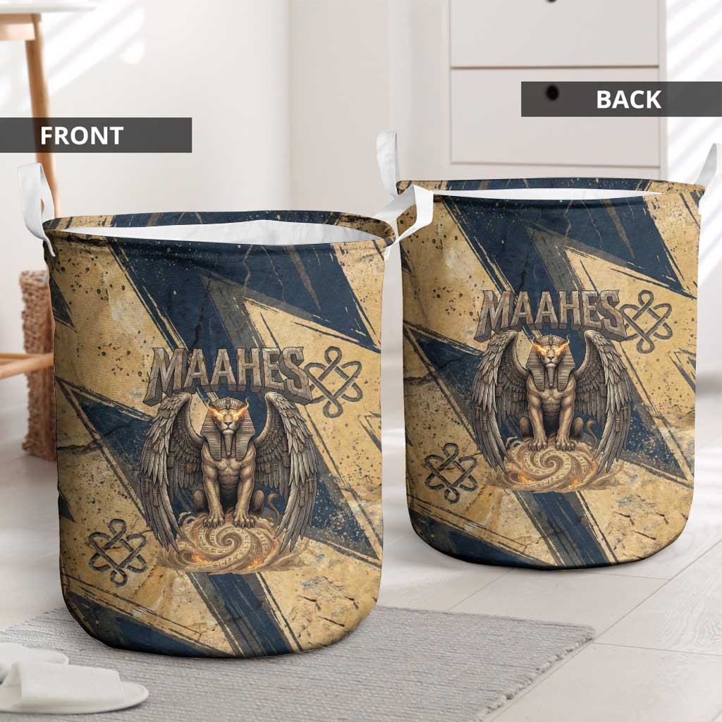 Maahes Ancient Egyptian Laundry Basket Geometric Pattern Winged Lion Deity, and Sacred Lotus Motif - Wonder Print Shop