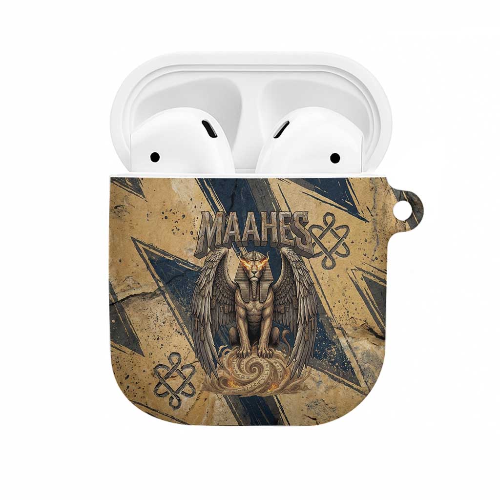 Maahes Ancient Egyptian AirPods Case Geometric Pattern Winged Lion Deity, and Sacred Lotus Motif - Wonder Print Shop
