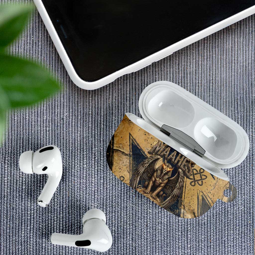 Maahes Ancient Egyptian AirPods Case Geometric Pattern Winged Lion Deity, and Sacred Lotus Motif - Wonder Print Shop