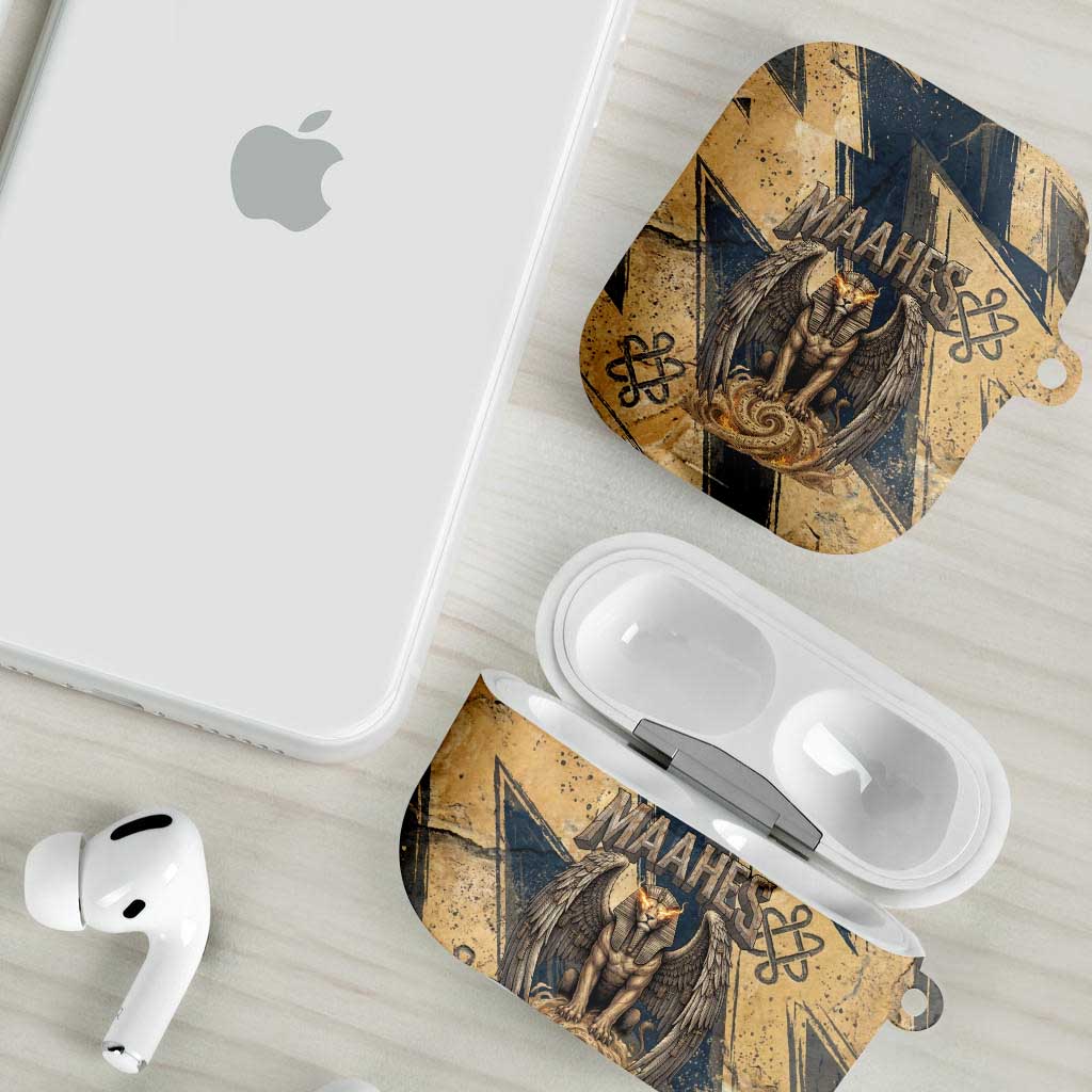Maahes Ancient Egyptian AirPods Case Geometric Pattern Winged Lion Deity, and Sacred Lotus Motif - Wonder Print Shop