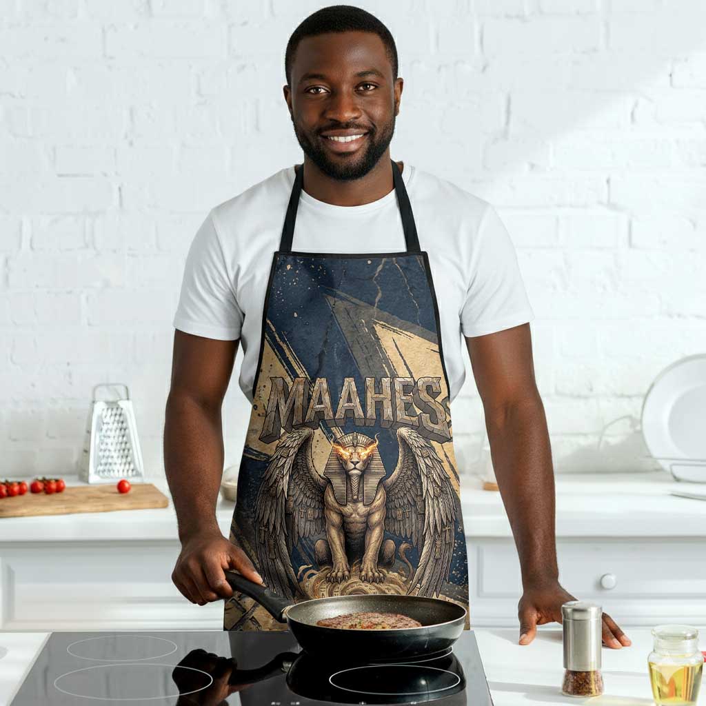 Maahes Ancient Egyptian Apron Geometric Pattern Winged Lion Deity, and Sacred Lotus Motif - Wonder Print Shop