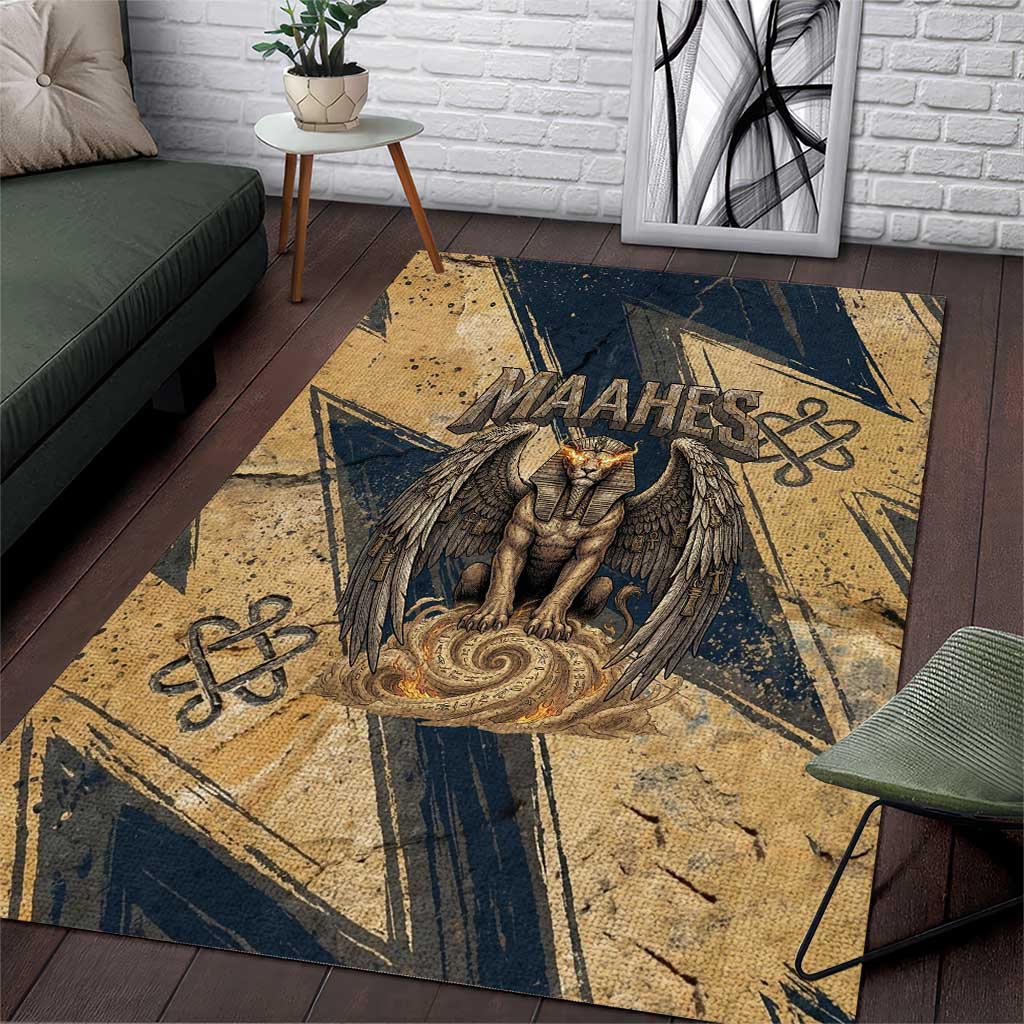 Maahes Ancient Egyptian Area Rug Geometric Pattern Winged Lion Deity, and Sacred Lotus Motif - Wonder Print Shop