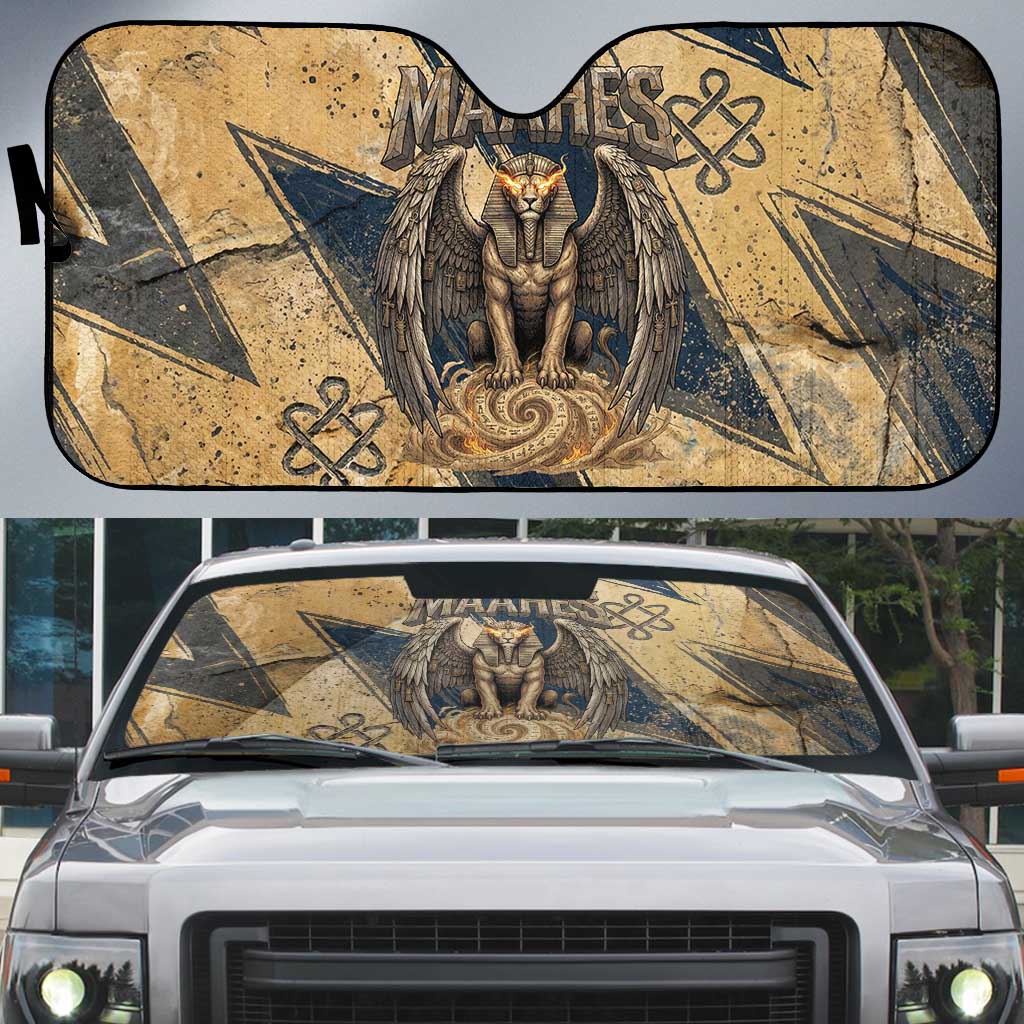 Maahes Ancient Egyptian Auto Sun Shade Geometric Pattern Winged Lion Deity, and Sacred Lotus Motif - Wonder Print Shop