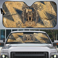 Maahes Ancient Egyptian Auto Sun Shade Geometric Pattern Winged Lion Deity, and Sacred Lotus Motif - Wonder Print Shop