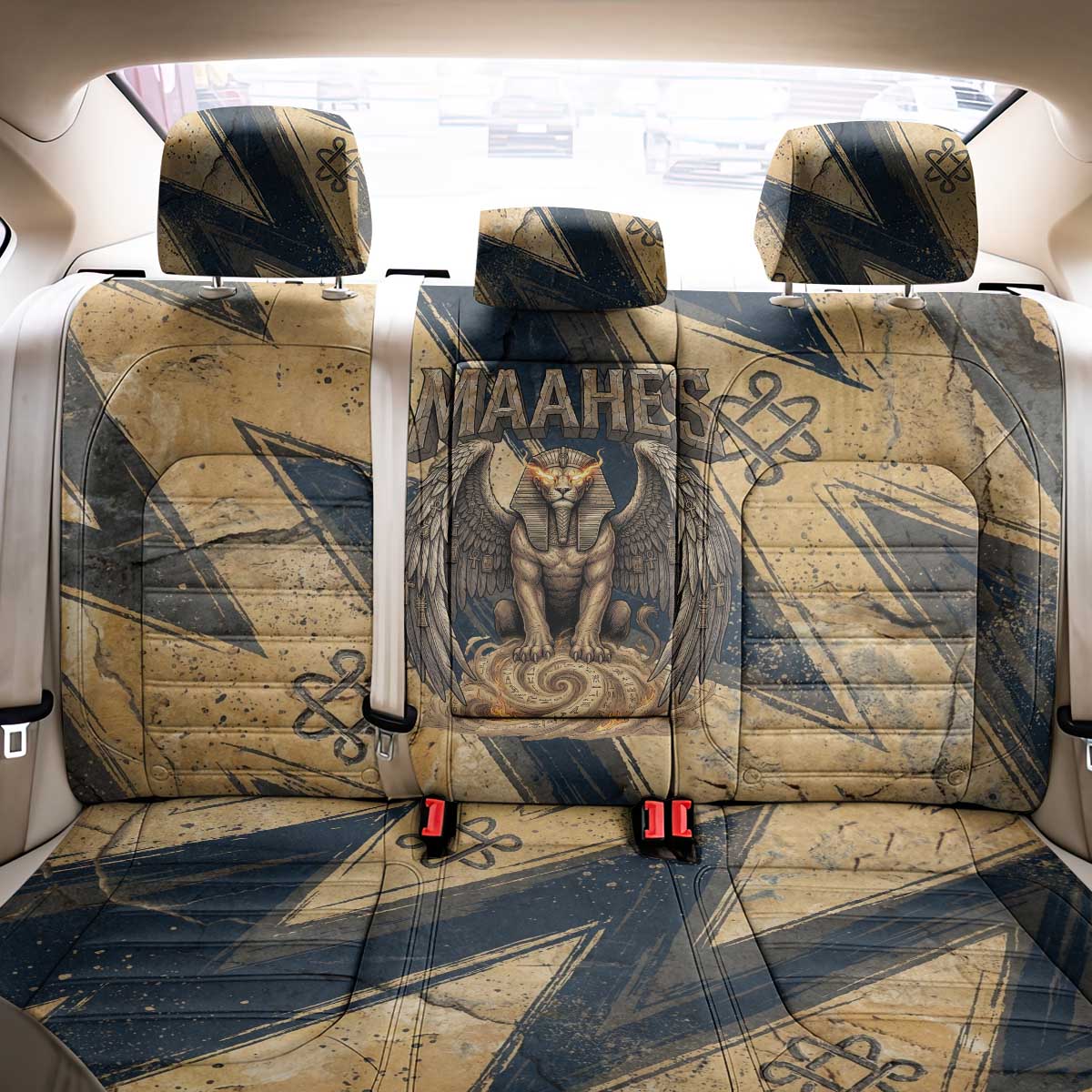 Maahes Ancient Egyptian Back Car Seat Cover Geometric Pattern Winged Lion Deity, and Sacred Lotus Motif - Wonder Print Shop