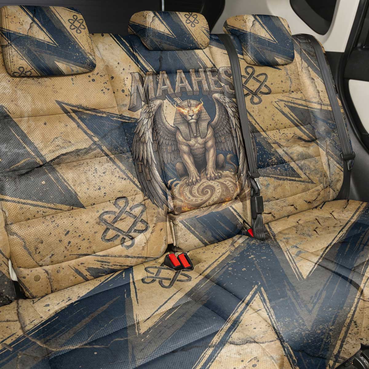 Maahes Ancient Egyptian Back Car Seat Cover Geometric Pattern Winged Lion Deity, and Sacred Lotus Motif - Wonder Print Shop