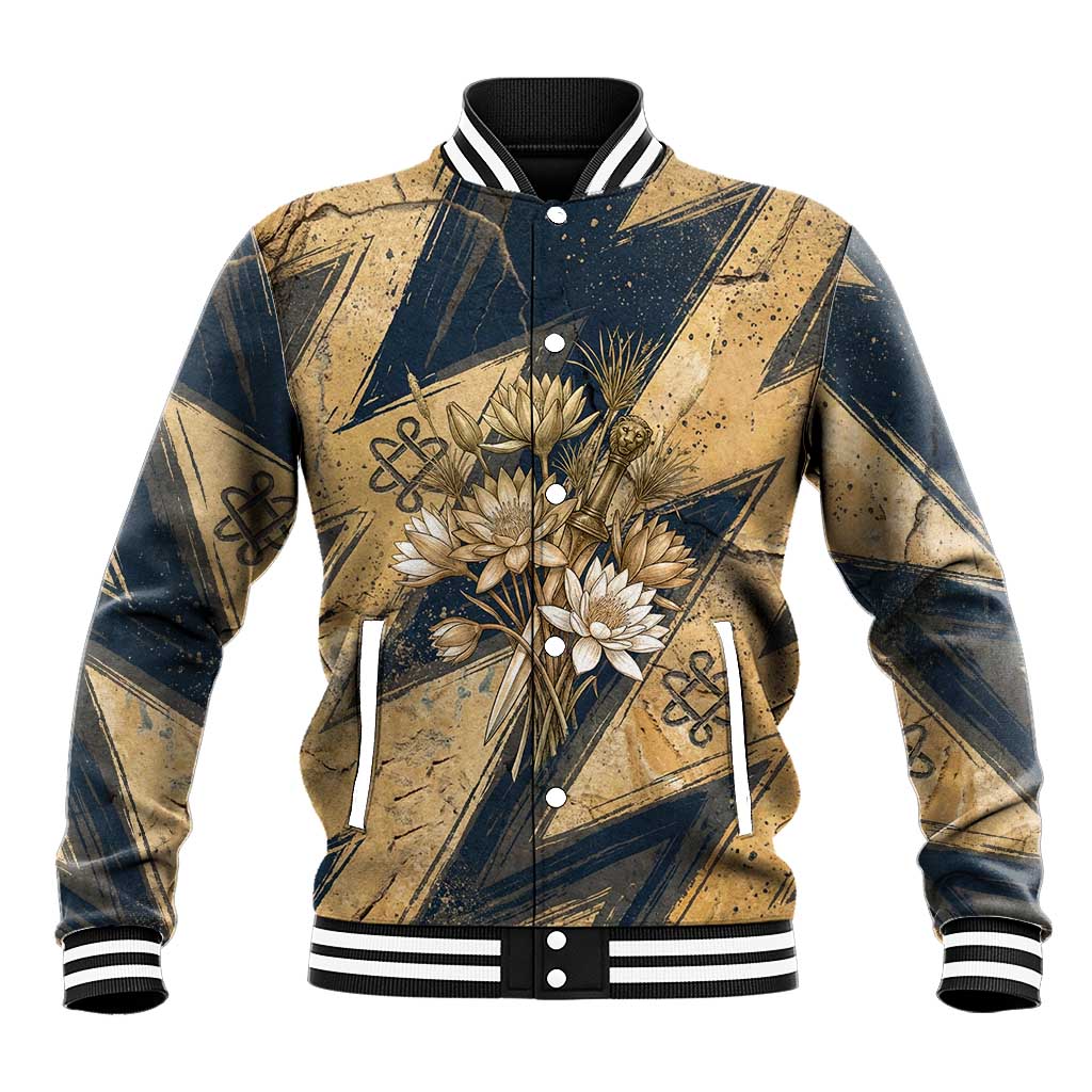 Maahes Ancient Egyptian Baseball Jacket Geometric Pattern Winged Lion Deity, and Sacred Lotus Motif - Wonder Print Shop