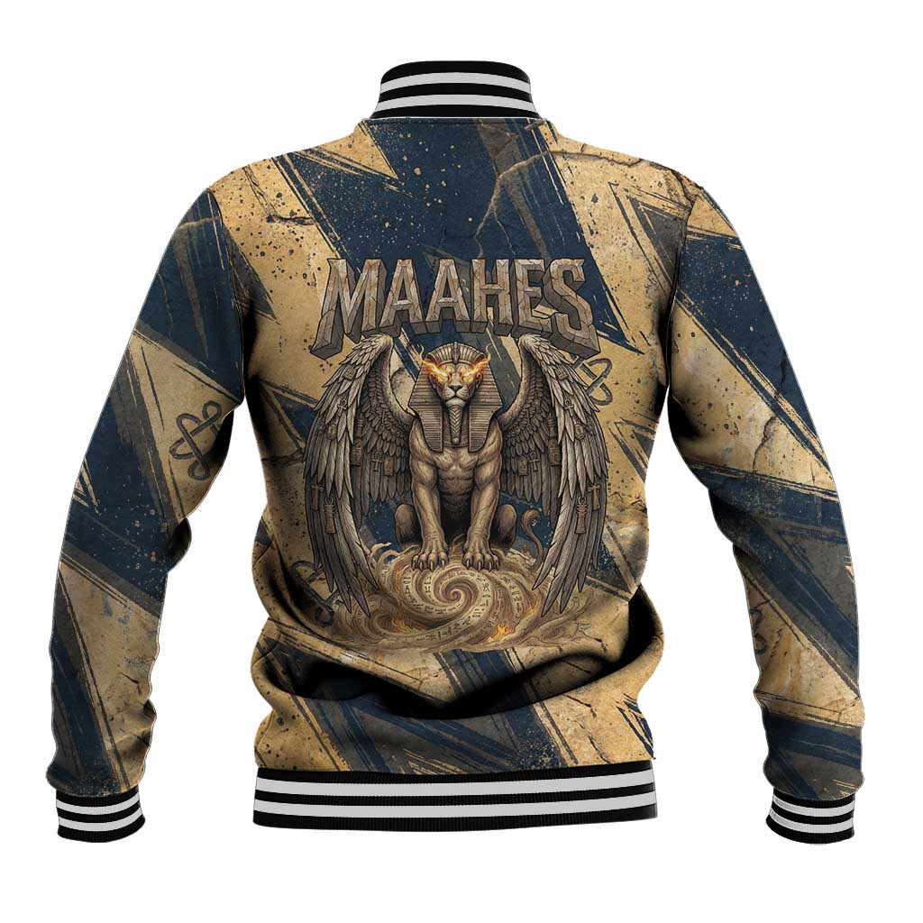 Maahes Ancient Egyptian Baseball Jacket Geometric Pattern Winged Lion Deity, and Sacred Lotus Motif - Wonder Print Shop