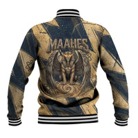 Maahes Ancient Egyptian Baseball Jacket Geometric Pattern Winged Lion Deity, and Sacred Lotus Motif - Wonder Print Shop
