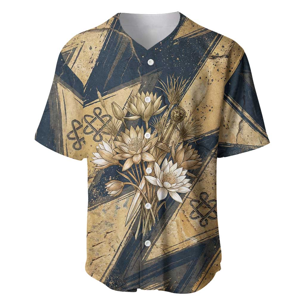 Maahes Ancient Egyptian Baseball Jersey Geometric Pattern Winged Lion Deity, and Sacred Lotus Motif - Wonder Print Shop