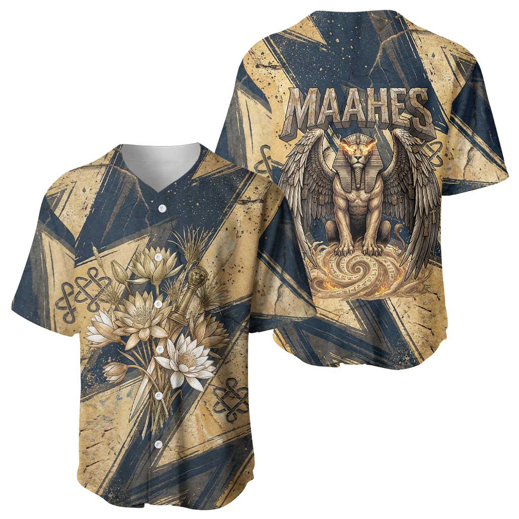 Maahes Ancient Egyptian Baseball Jersey Geometric Pattern Winged Lion Deity, and Sacred Lotus Motif - Wonder Print Shop