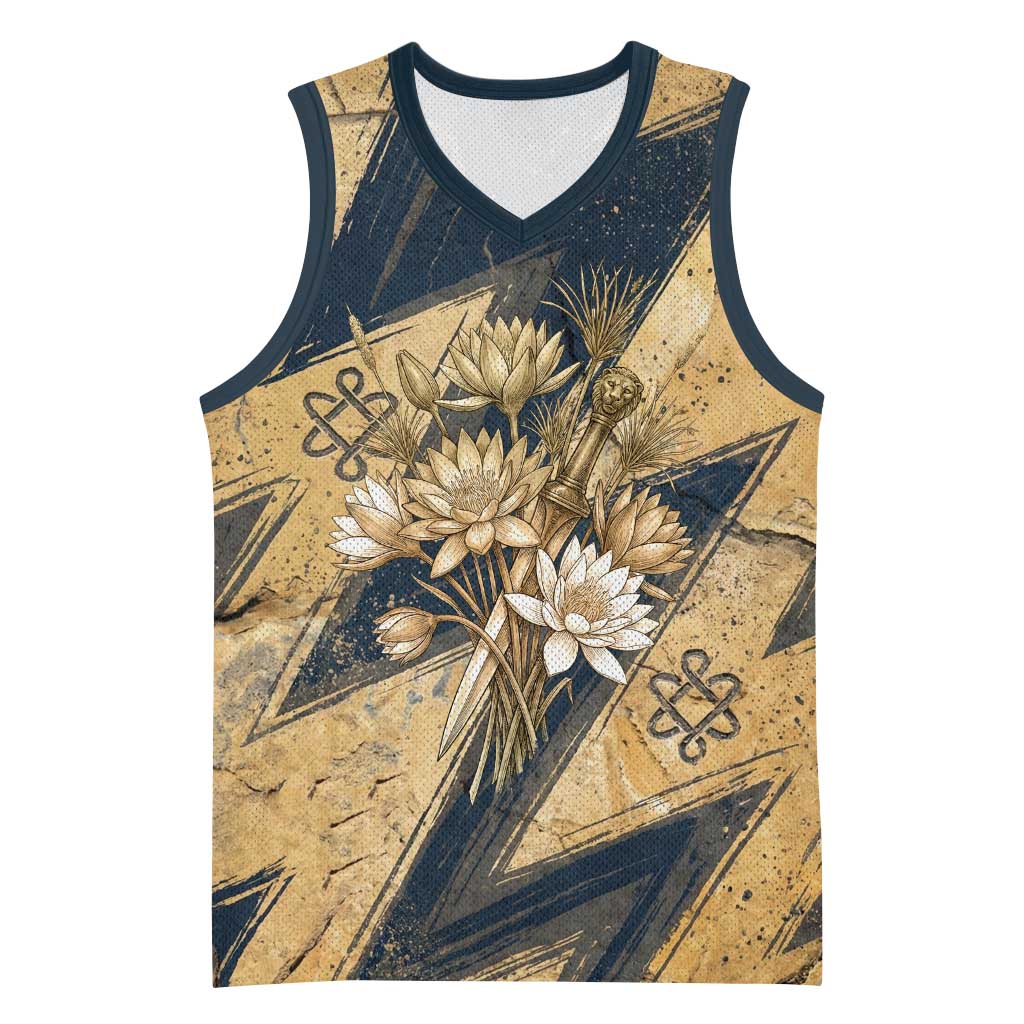 Maahes Ancient Egyptian Basketball Jersey Geometric Pattern Winged Lion Deity, and Sacred Lotus Motif - Wonder Print Shop