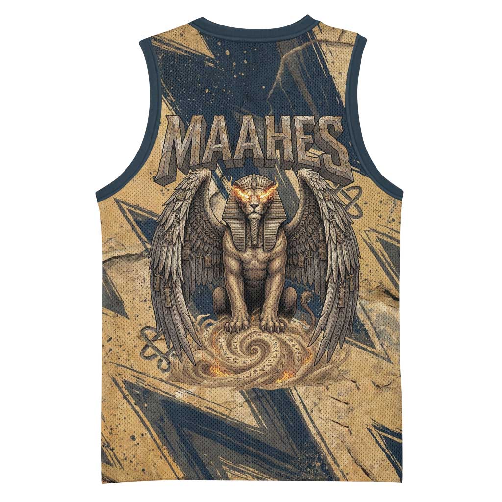 Maahes Ancient Egyptian Basketball Jersey Geometric Pattern Winged Lion Deity, and Sacred Lotus Motif - Wonder Print Shop