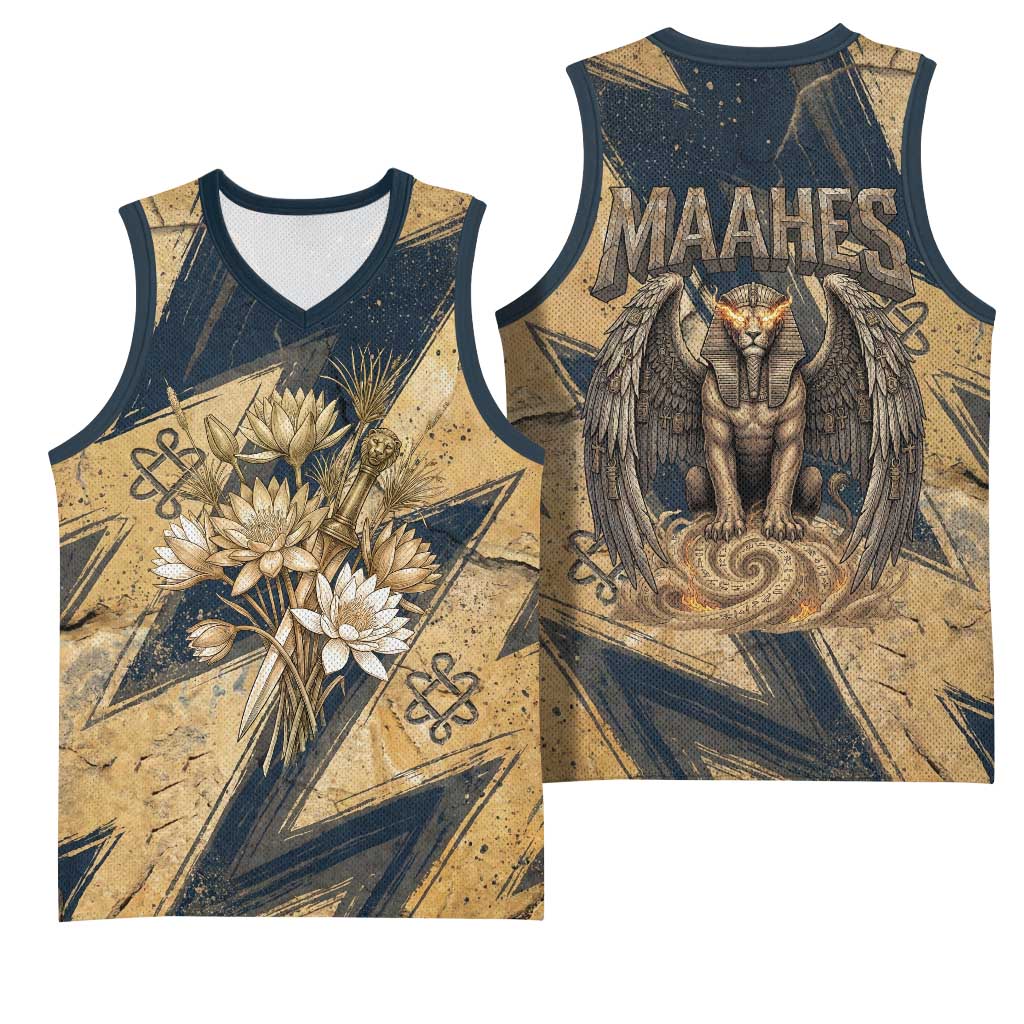 Maahes Ancient Egyptian Basketball Jersey Geometric Pattern Winged Lion Deity, and Sacred Lotus Motif - Wonder Print Shop