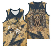 Maahes Ancient Egyptian Basketball Jersey Geometric Pattern Winged Lion Deity, and Sacred Lotus Motif - Wonder Print Shop