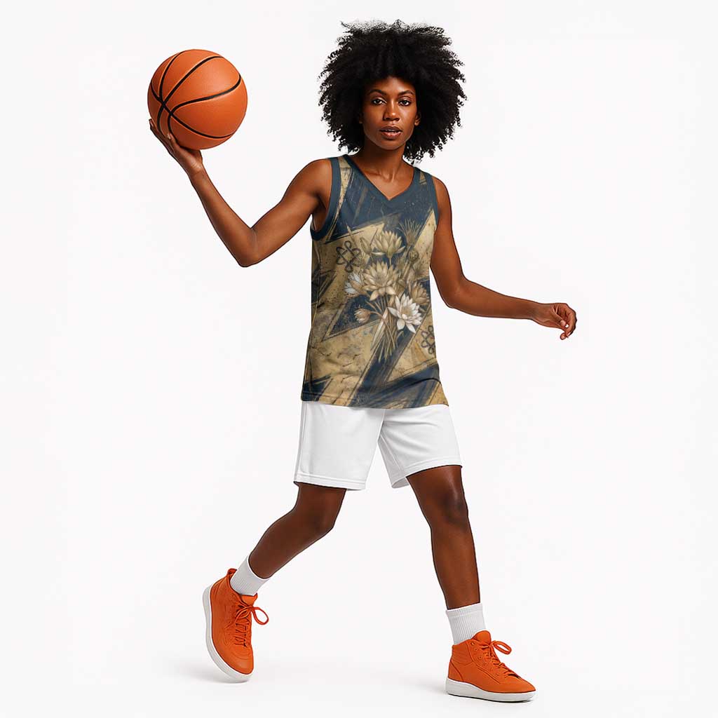 Maahes Ancient Egyptian Basketball Jersey Geometric Pattern Winged Lion Deity, and Sacred Lotus Motif - Wonder Print Shop