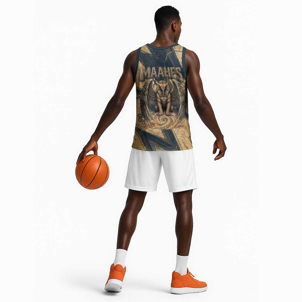 Maahes Ancient Egyptian Basketball Jersey Geometric Pattern Winged Lion Deity, and Sacred Lotus Motif - Wonder Print Shop
