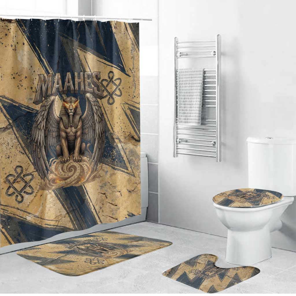 Maahes Ancient Egyptian Bathroom Set Geometric Pattern Winged Lion Deity, and Sacred Lotus Motif - Wonder Print Shop