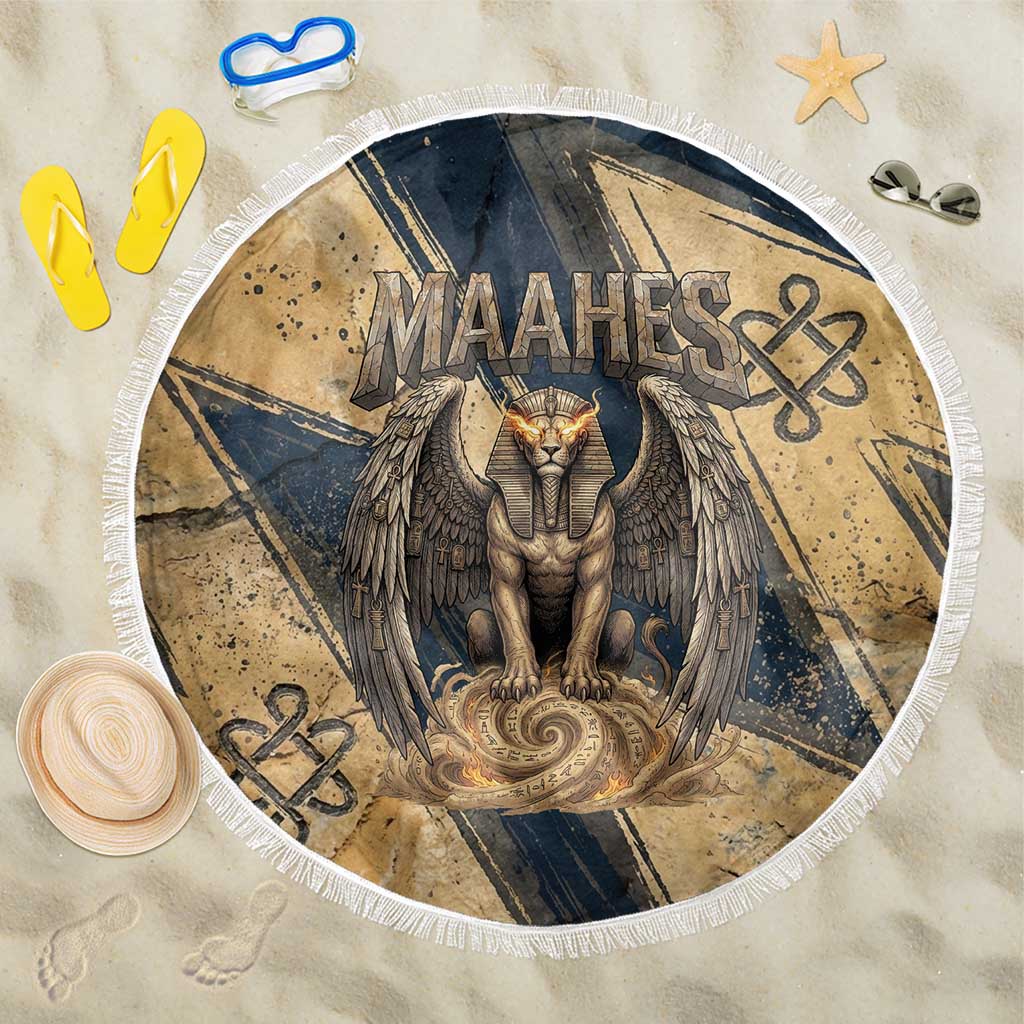 Maahes Ancient Egyptian Beach Blanket Geometric Pattern Winged Lion Deity, and Sacred Lotus Motif - Wonder Print Shop