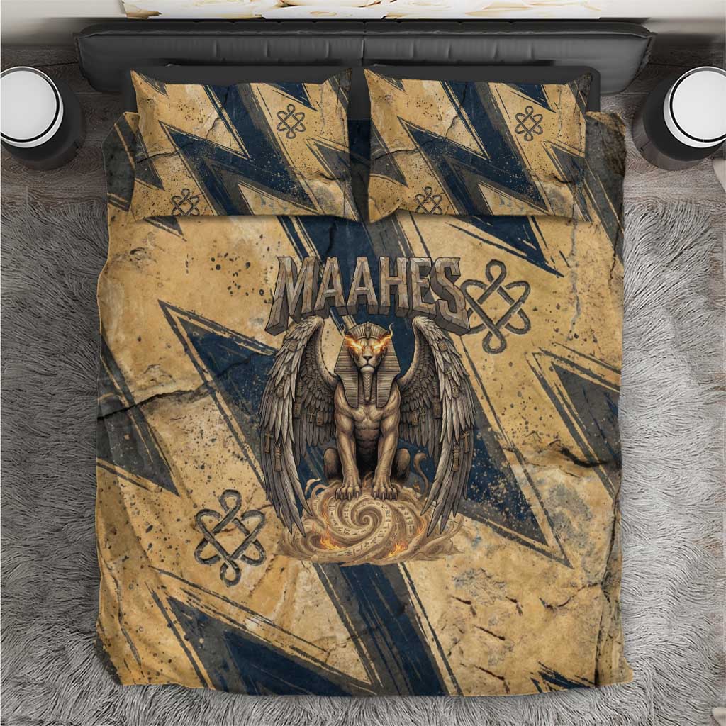 Maahes Ancient Egyptian Bedding Set Geometric Pattern Winged Lion Deity, and Sacred Lotus Motif - Wonder Print Shop