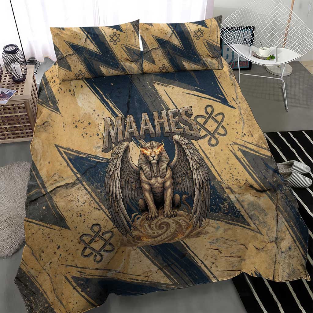 Maahes Ancient Egyptian Bedding Set Geometric Pattern Winged Lion Deity, and Sacred Lotus Motif - Wonder Print Shop