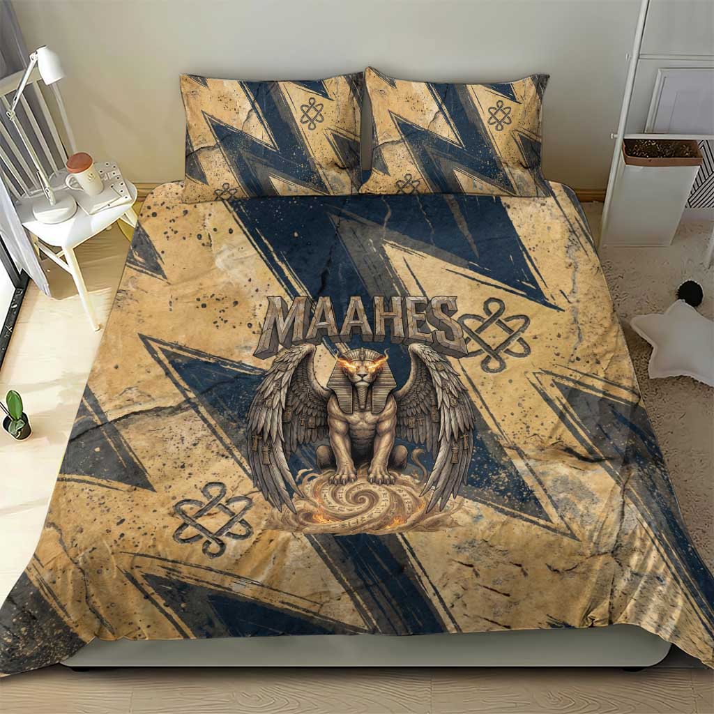 Maahes Ancient Egyptian Bedding Set Geometric Pattern Winged Lion Deity, and Sacred Lotus Motif - Wonder Print Shop
