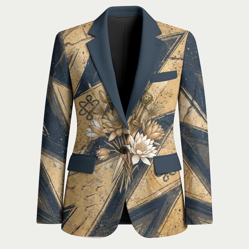 Maahes Ancient Egyptian Blazer Geometric Pattern Winged Lion Deity, and Sacred Lotus Motif - Wonder Print Shop