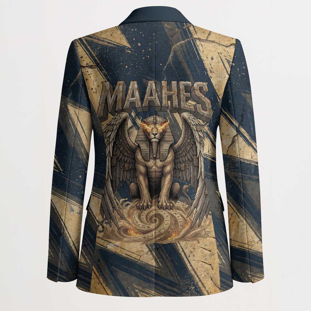Maahes Ancient Egyptian Blazer Geometric Pattern Winged Lion Deity, and Sacred Lotus Motif - Wonder Print Shop