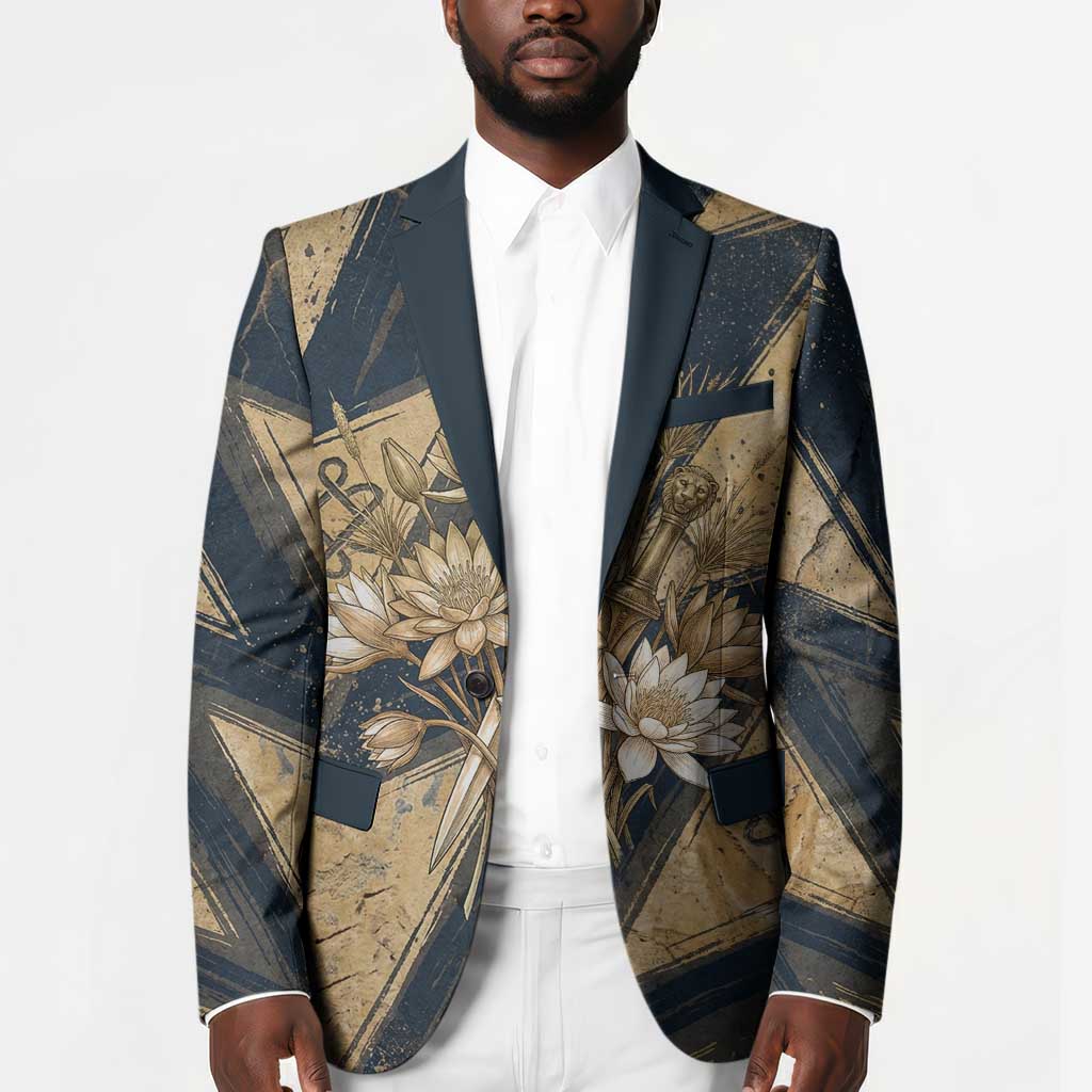 Maahes Ancient Egyptian Blazer Geometric Pattern Winged Lion Deity, and Sacred Lotus Motif - Wonder Print Shop