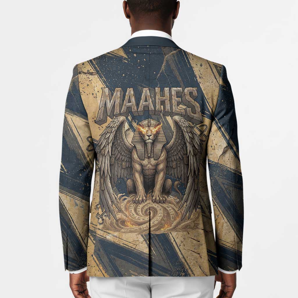 Maahes Ancient Egyptian Blazer Geometric Pattern Winged Lion Deity, and Sacred Lotus Motif - Wonder Print Shop