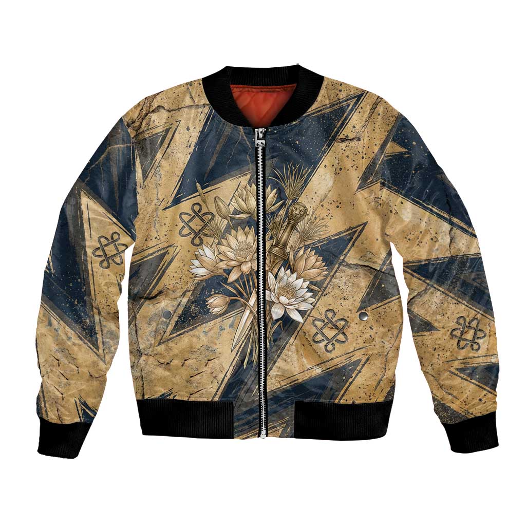 Maahes Ancient Egyptian Bomber Jacket Geometric Pattern Winged Lion Deity, and Sacred Lotus Motif - Wonder Print Shop