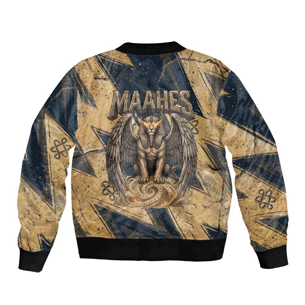 Maahes Ancient Egyptian Bomber Jacket Geometric Pattern Winged Lion Deity, and Sacred Lotus Motif - Wonder Print Shop
