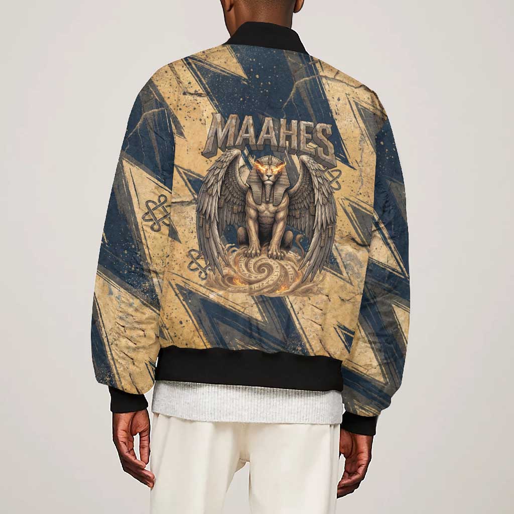 Maahes Ancient Egyptian Bomber Jacket Geometric Pattern Winged Lion Deity, and Sacred Lotus Motif - Wonder Print Shop