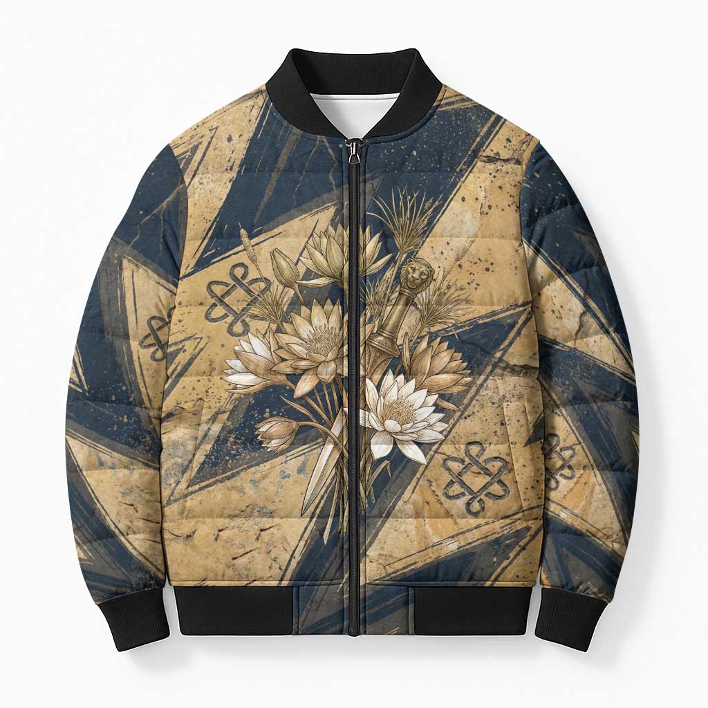 Maahes Ancient Egyptian Bomber Puffer Jacket Geometric Pattern Winged Lion Deity, and Sacred Lotus Motif - Wonder Print Shop