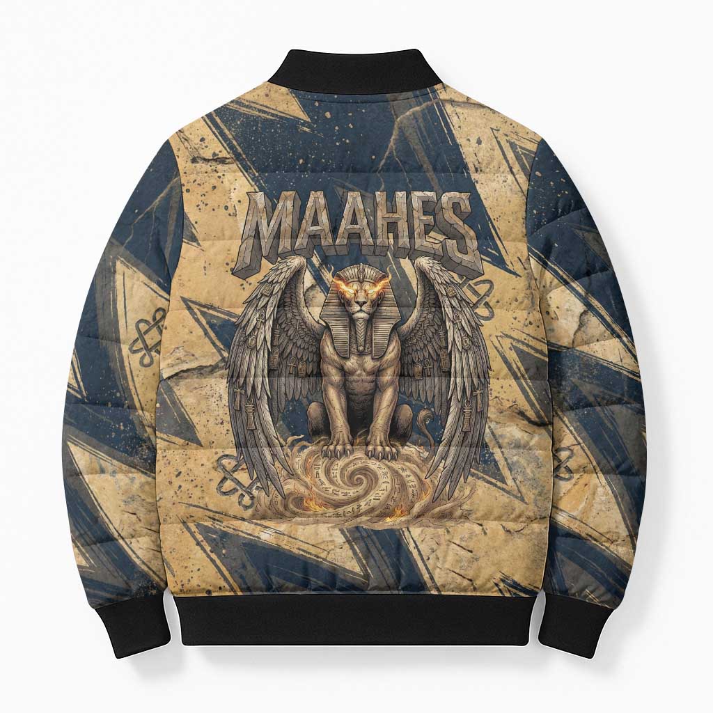 Maahes Ancient Egyptian Bomber Puffer Jacket Geometric Pattern Winged Lion Deity, and Sacred Lotus Motif - Wonder Print Shop