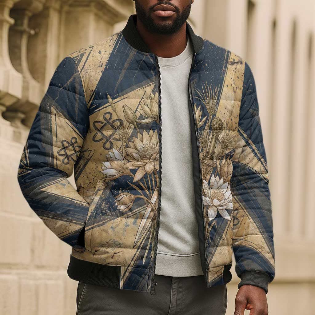 Maahes Ancient Egyptian Bomber Puffer Jacket Geometric Pattern Winged Lion Deity, and Sacred Lotus Motif - Wonder Print Shop