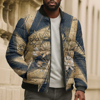 Maahes Ancient Egyptian Bomber Puffer Jacket Geometric Pattern Winged Lion Deity, and Sacred Lotus Motif - Wonder Print Shop