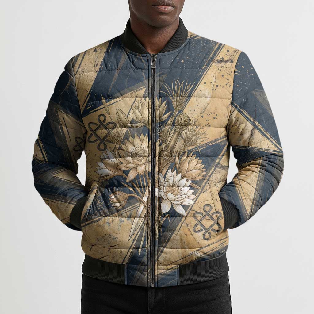Maahes Ancient Egyptian Bomber Puffer Jacket Geometric Pattern Winged Lion Deity, and Sacred Lotus Motif - Wonder Print Shop