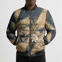 Maahes Ancient Egyptian Bomber Puffer Jacket Geometric Pattern Winged Lion Deity, and Sacred Lotus Motif - Wonder Print Shop