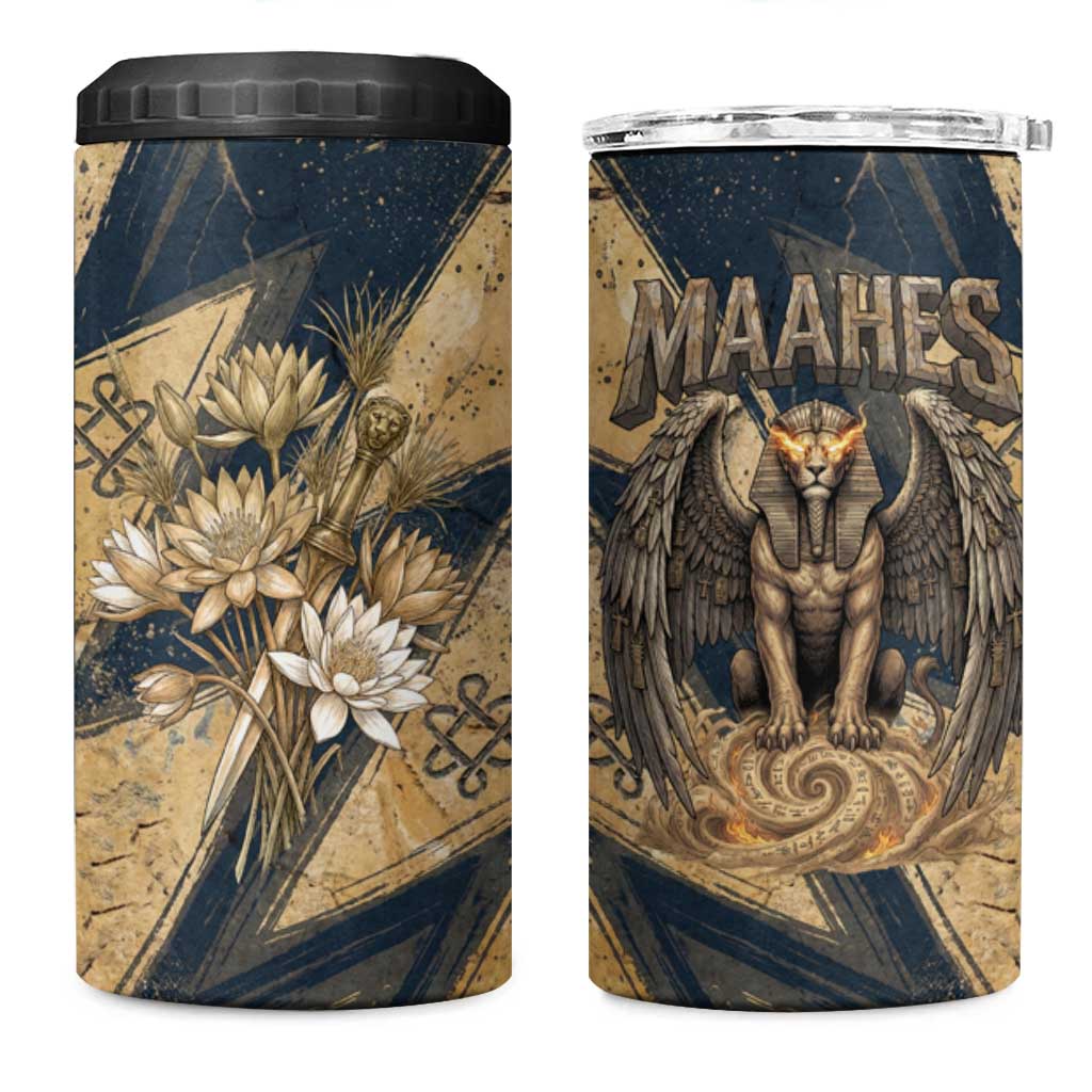 Maahes Ancient Egyptian 4 in 1 Can Cooler Tumbler Geometric Pattern Winged Lion Deity, and Sacred Lotus Motif - Wonder Print Shop