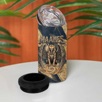 Maahes Ancient Egyptian 4 in 1 Can Cooler Tumbler Geometric Pattern Winged Lion Deity, and Sacred Lotus Motif - Wonder Print Shop