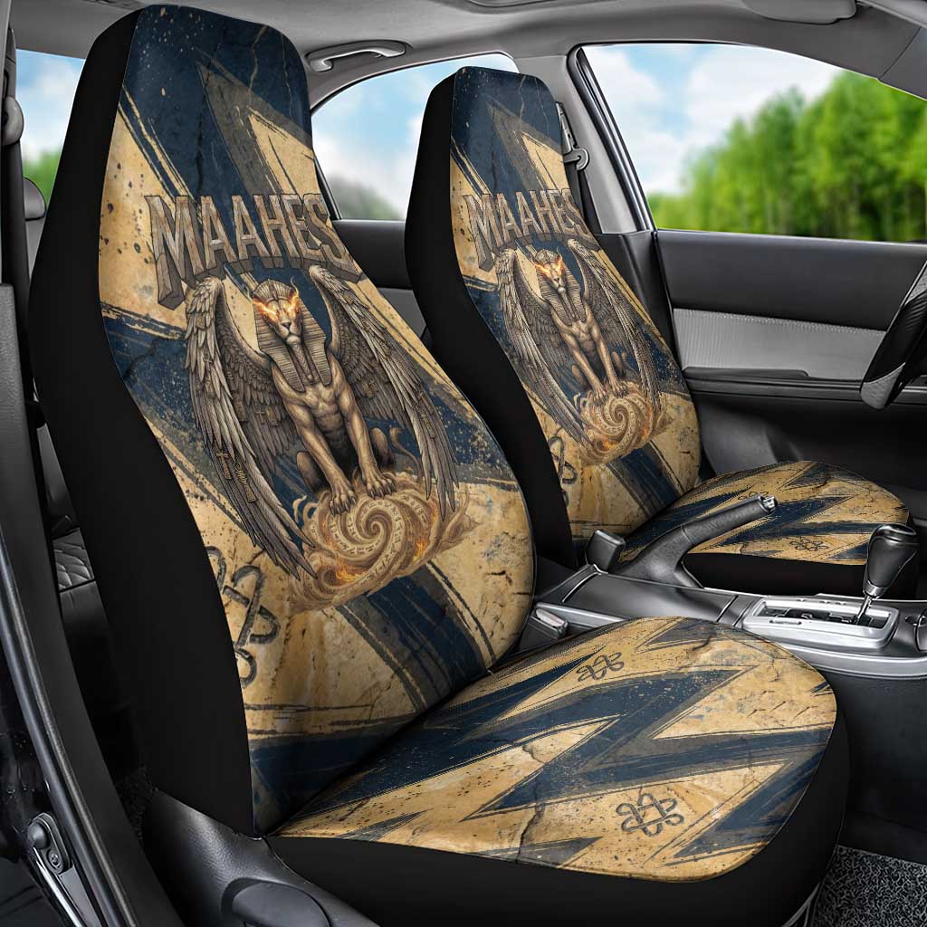Maahes Ancient Egyptian Car Seat Cover Geometric Pattern Winged Lion Deity, and Sacred Lotus Motif - Wonder Print Shop